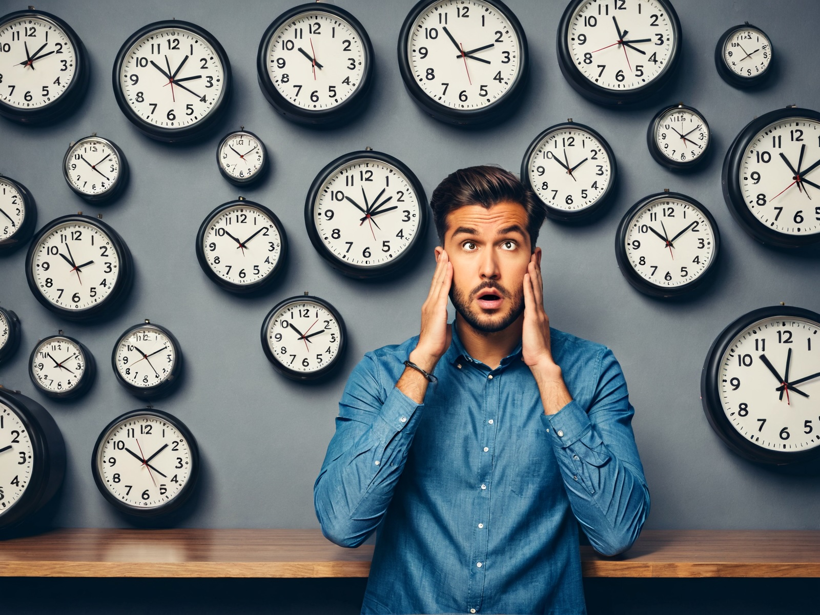 Person looking confused at a world map with multiple time zone lines and clocks showing different times around the globe