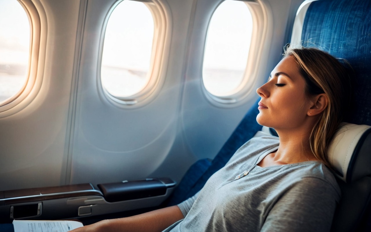 Person experiencing fatigue and jet lag symptoms while traveling across time zones