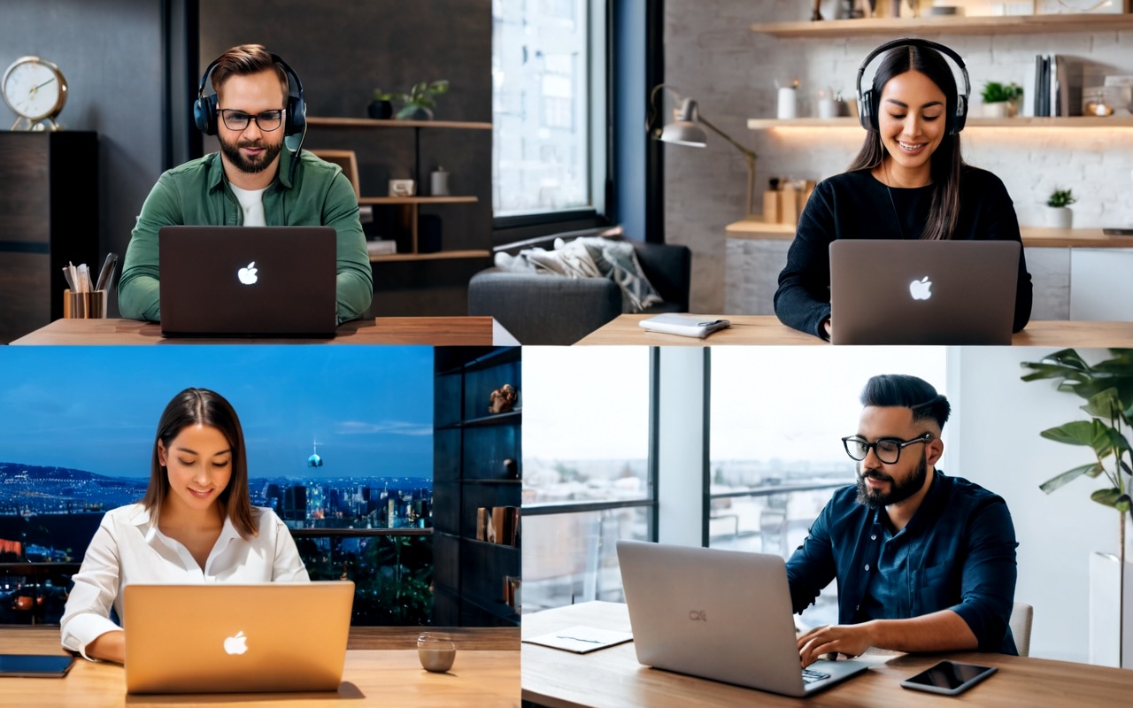 Diverse team members collaborating in a virtual meeting across different time zones