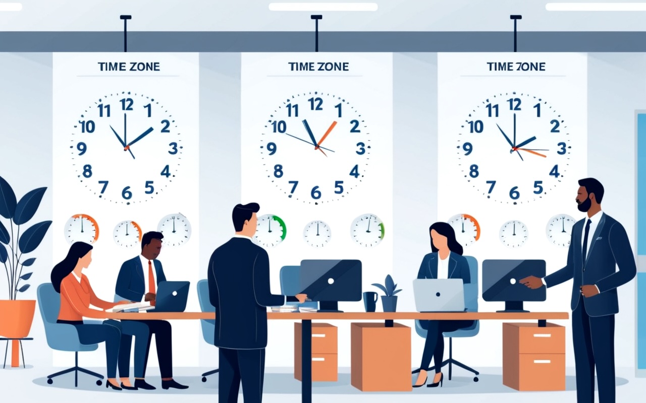 World map with multiple clocks showing different time zones and conversion formulas for international time calculation